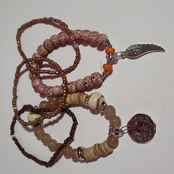 5 pc Stretch Bracelets Boho Wood Beads Versatile Mix & Match Charm Paris Feather - Picture 5 of 14
